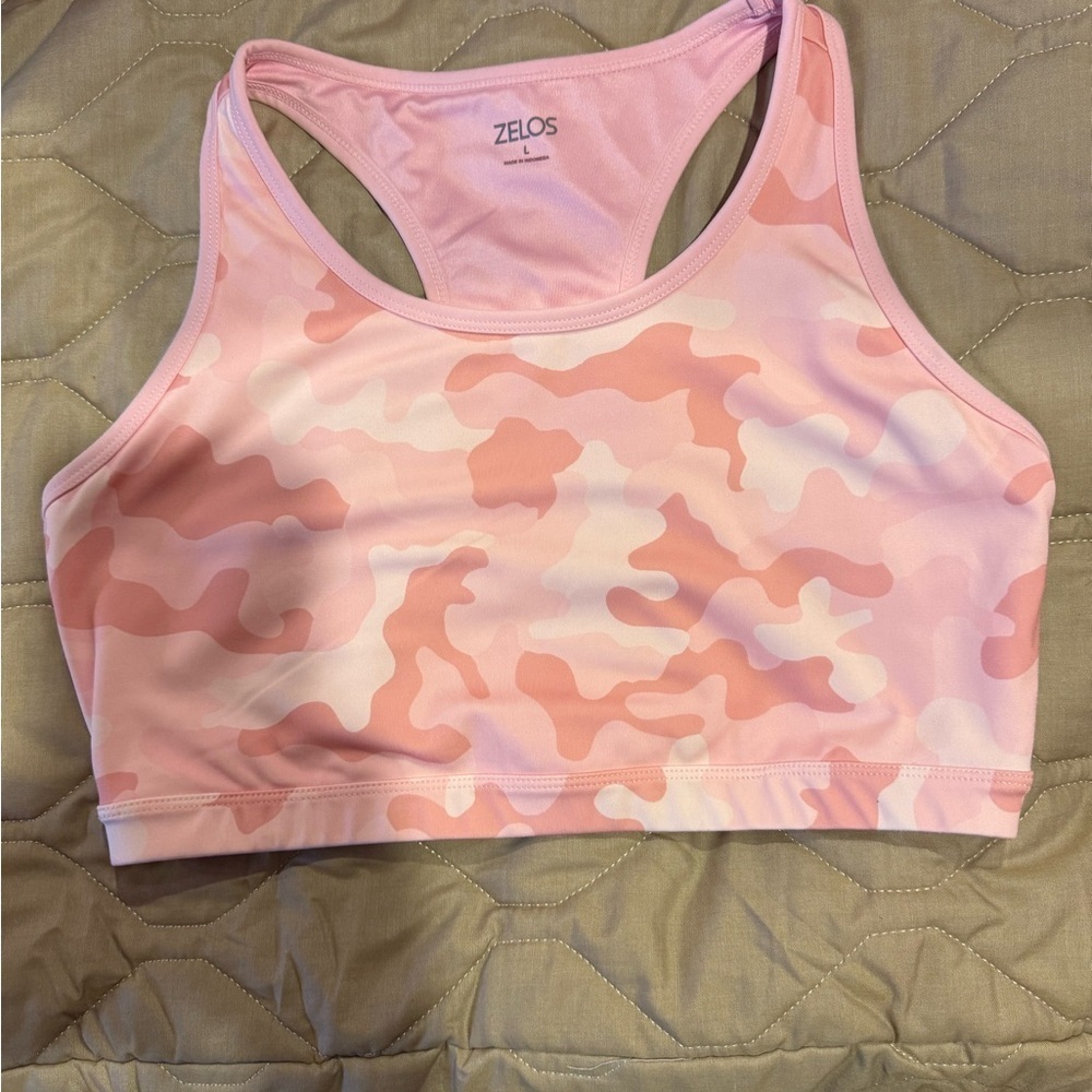 Zelos L Pink Camouflage Sports Bra with Back Cut Out
Removable Padding